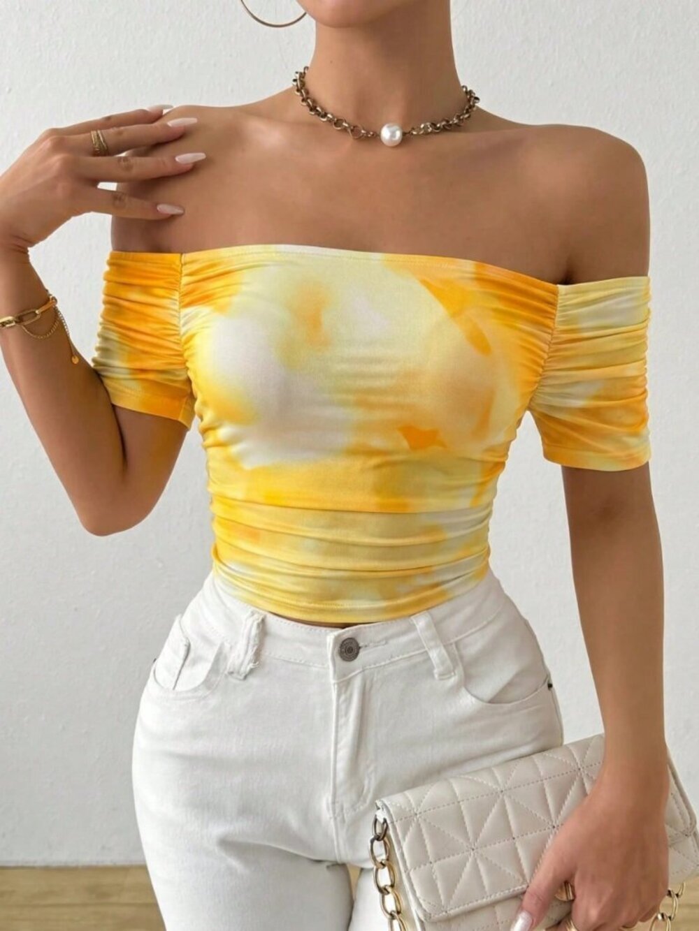 Yellow Casual Women's Tie-Dye Fitted Off-Shoulder Ruched Short Sleeve T-Shirt